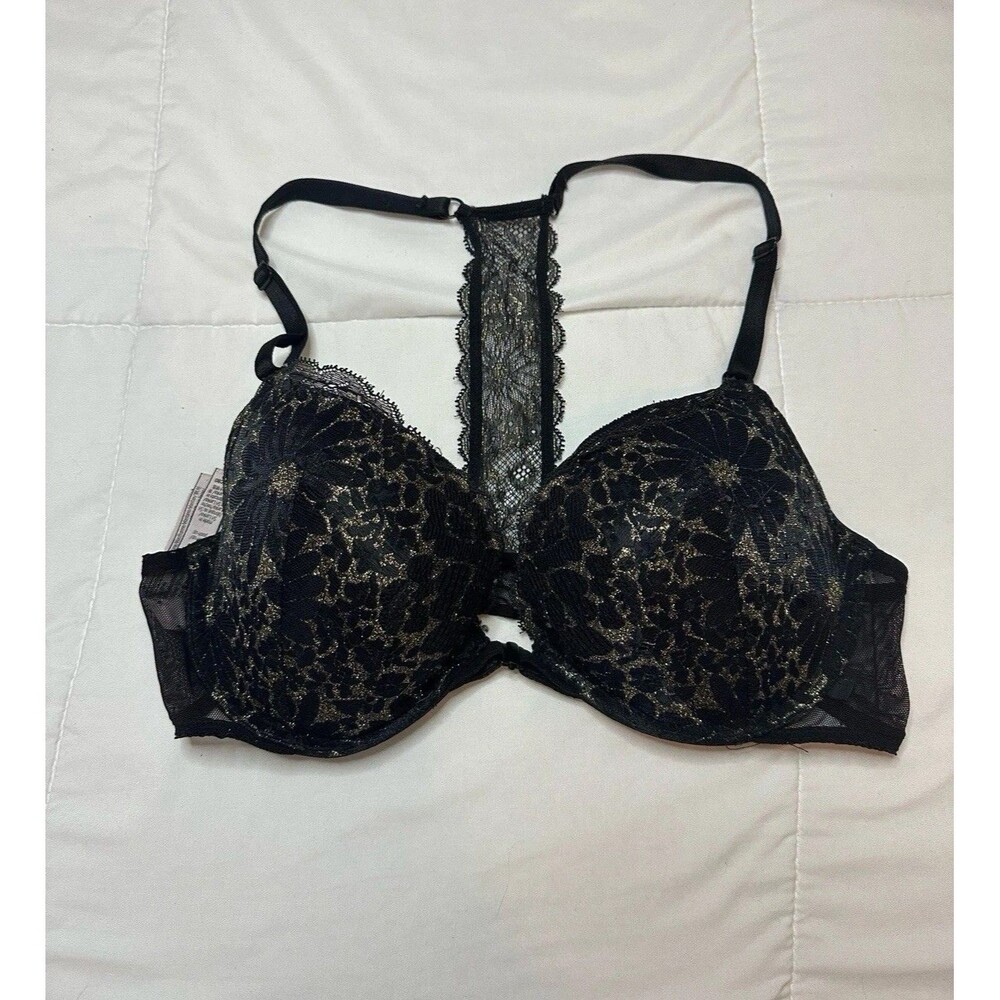 Victorias Secret Push-up Bra 36C Black & Gold lace Polka Dot 2022 Underwired